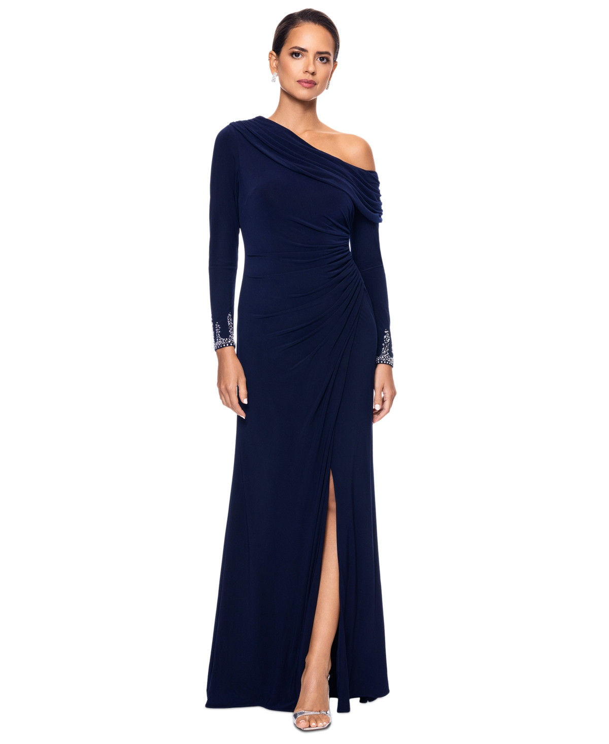 Betsy & Adam Women's Off-One-Shoulder Beaded-Cuff Gown - Navy/Silver | Macy's