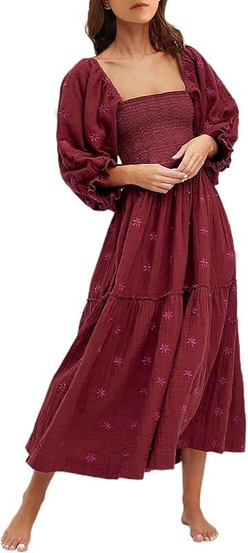AnotherChill Women's Casual Embroidered Maxi Dress Floral Flowy Square Neck Dresses with Puff Sle... | Amazon (US)