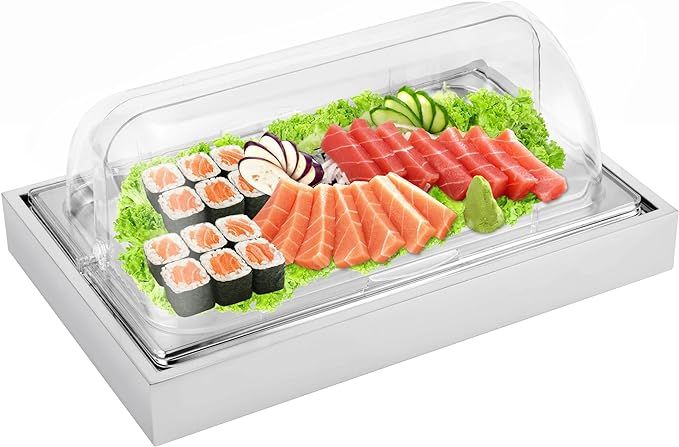 YMJOINMX Ice Food Serving Display Tray with Clear Roll Top Cover Buffet Cold Serving Cooler Platt... | Amazon (US)