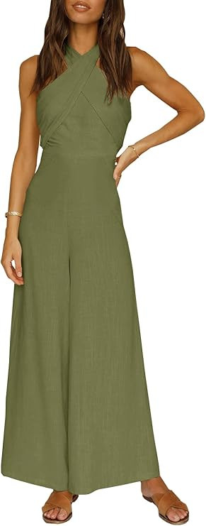 YOVION Women's Solid Color Jumpsuit Off Shoulder Sleeveless Strap Dual Use Halter or Tie Waist Se... | Amazon (US)