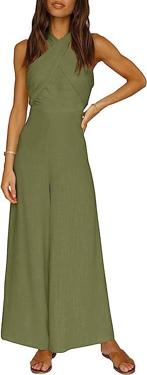 YOVION Women's Solid Color Jumpsuit Off Shoulder Sleeveless Strap Dual Use Halter or Tie Waist Se... | Amazon (US)
