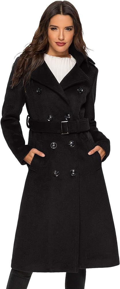 Escalier Womens Wool Coat Double Breasted Pea Coat Winter Long Trench Coat with Belt | Amazon (US)