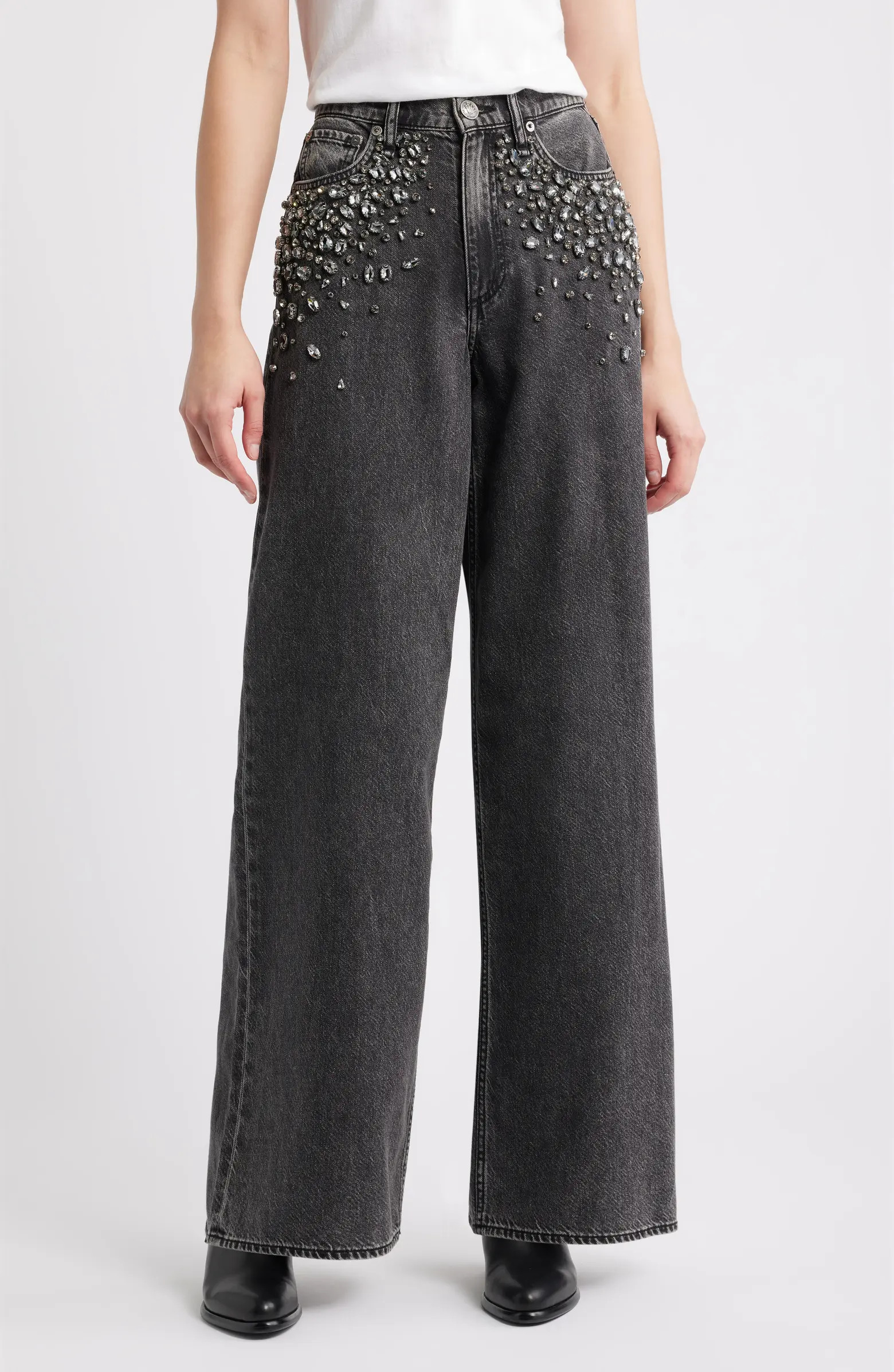 rag & bone Featherweight Sofie Embellished High Waist Wide Leg Jeans | Nordstrom | Nordstrom