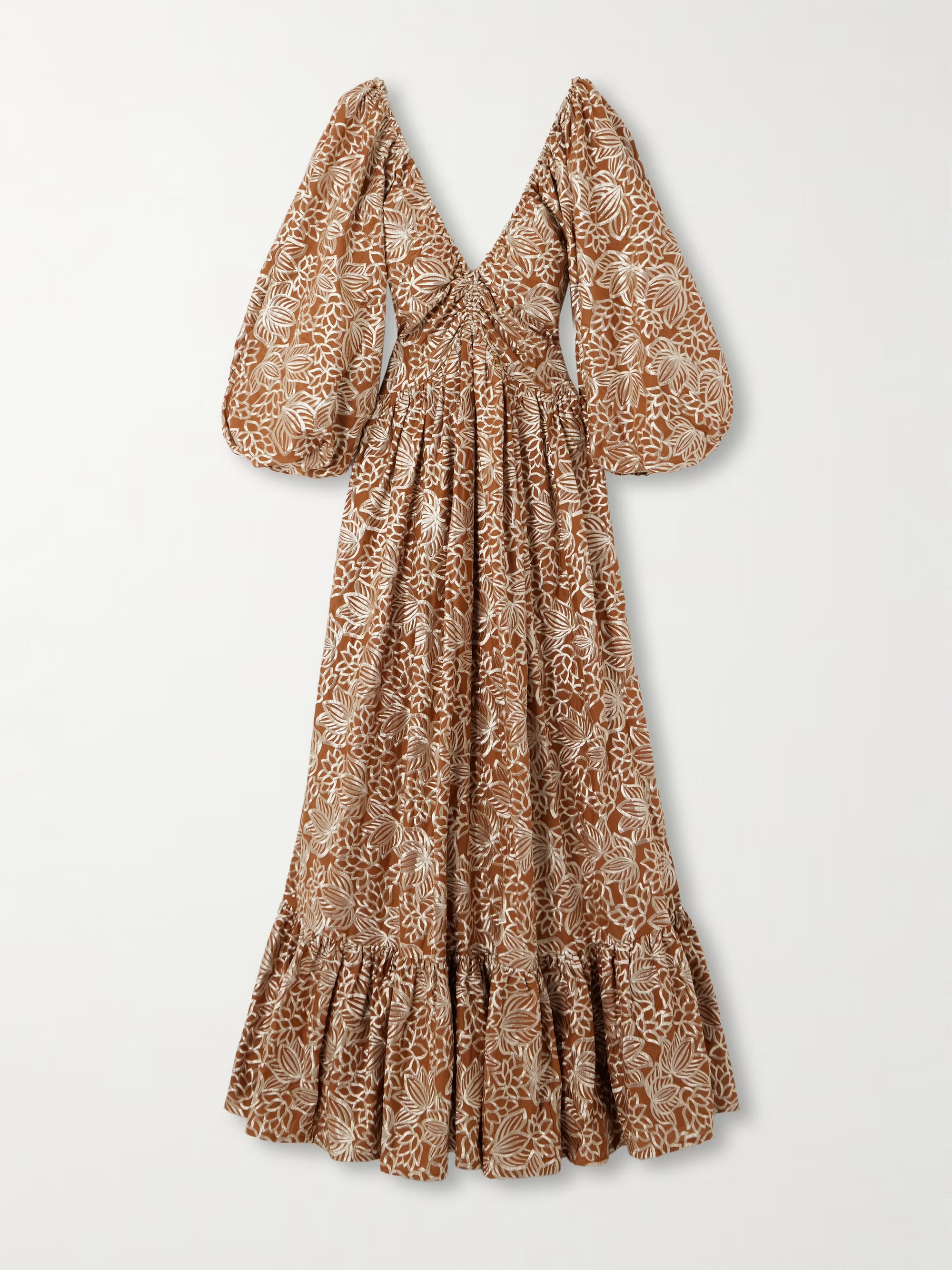 Gathered embroidered satin maxi dress | NET-A-PORTER (UK & EU)