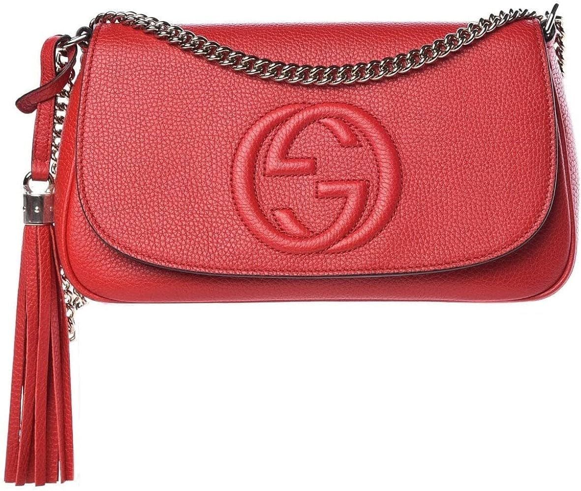 Gucci Soho Interlocking GG Red Leather Chain Flap Shoulder Bag Handbag Italy New | Amazon (US)