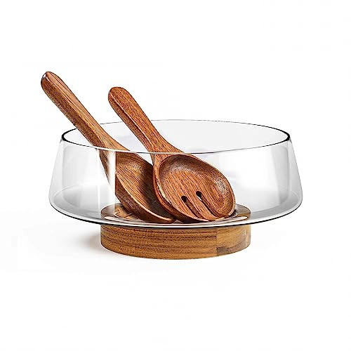 KITEISCAT Extra Large Glass Salad Bowl Set - Party Salad Bowls with Acacia Wood Base and Serving Utensils - Elegant and Practical Kitchen Must-Have | Amazon (US)