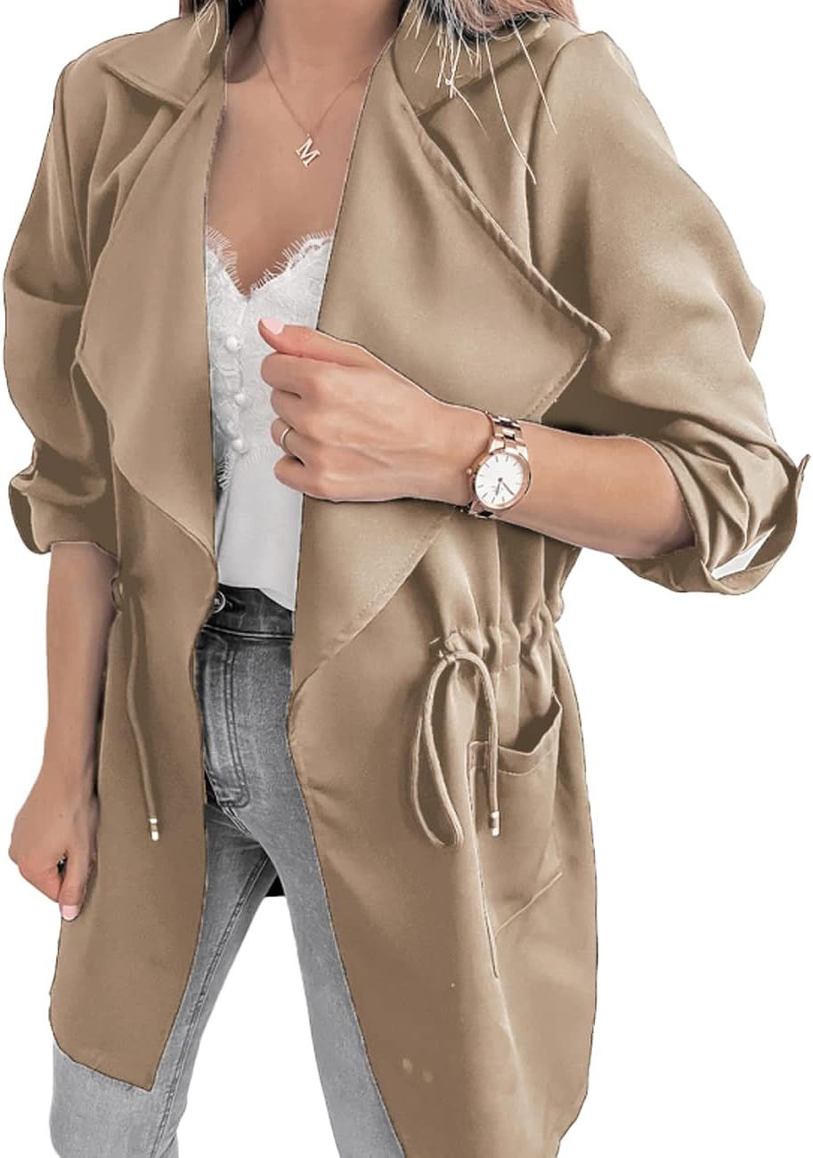PRETTYGARDEN Women's Casual Shacket Jackets Long Sleeve Drawstring Waist Lapel Trench Coat Outwea... | Amazon (US)