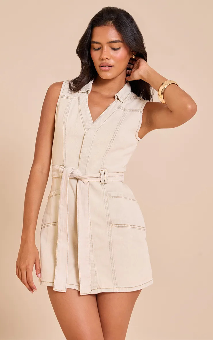 Stone Tie Waist Utility Style Denim Dress | PrettyLittleThing UK