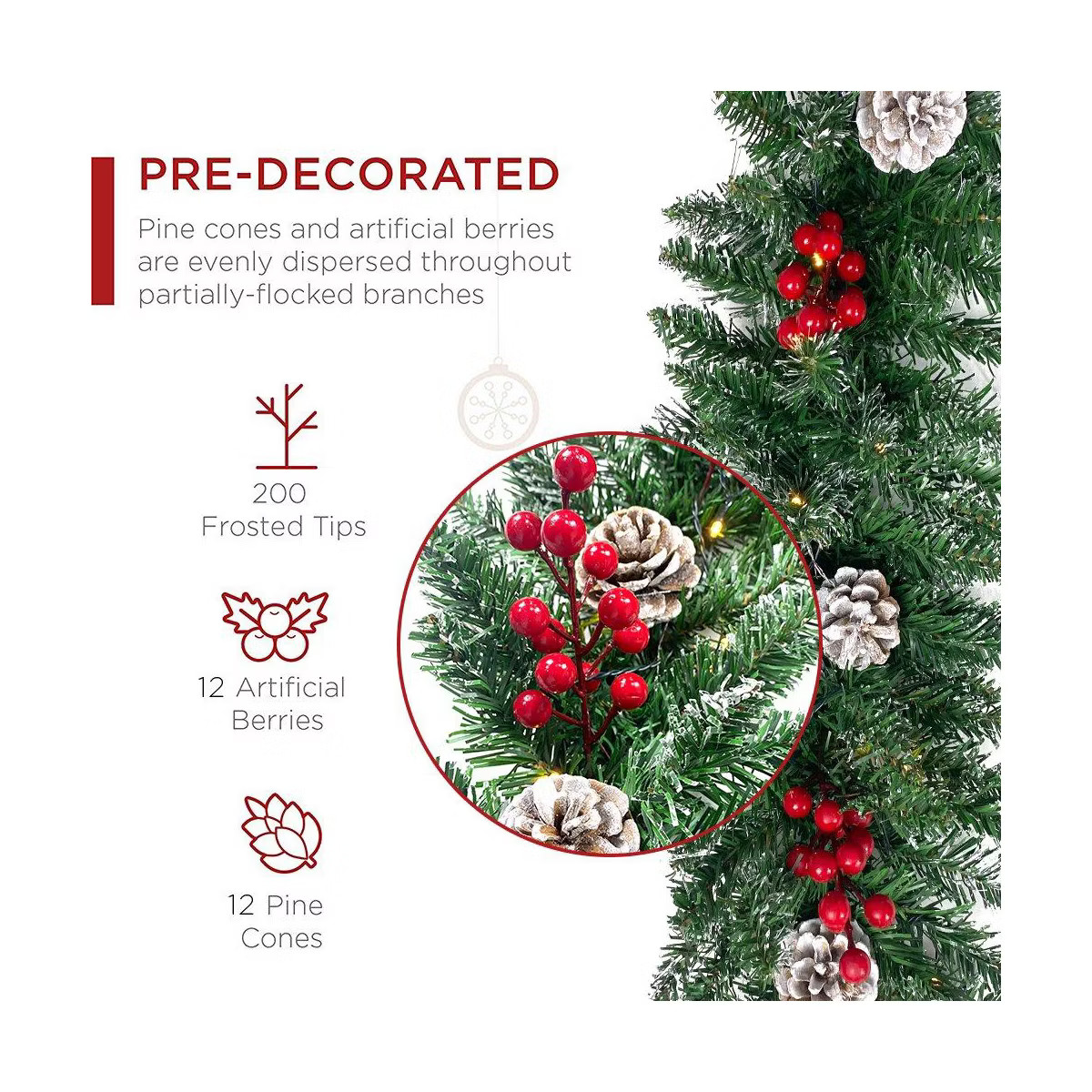 Swtroom 9ft Christmas Garland 50 LED Prelit Artificial Garland with Pine Cones and Berries | Target