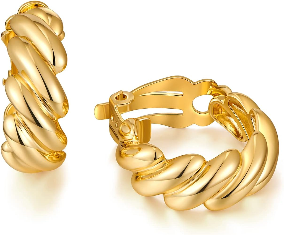 FAMARINE Gold Hoop Clip on Earrings for Women, Geometric Chunky Earrings Girls Gift, Gold Sliver | Amazon (US)