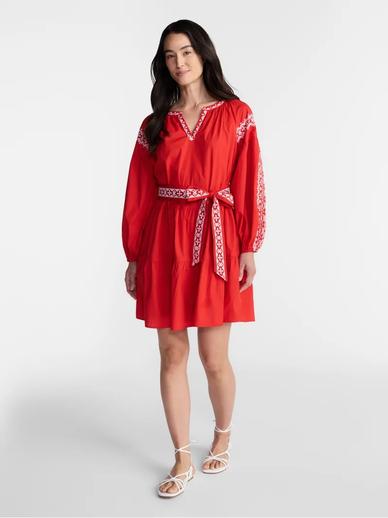 Time and Tru Women's Embroidered Cotton Mini Dress with Long Sleeves, Sizes XS-XXXL | Walmart (US)
