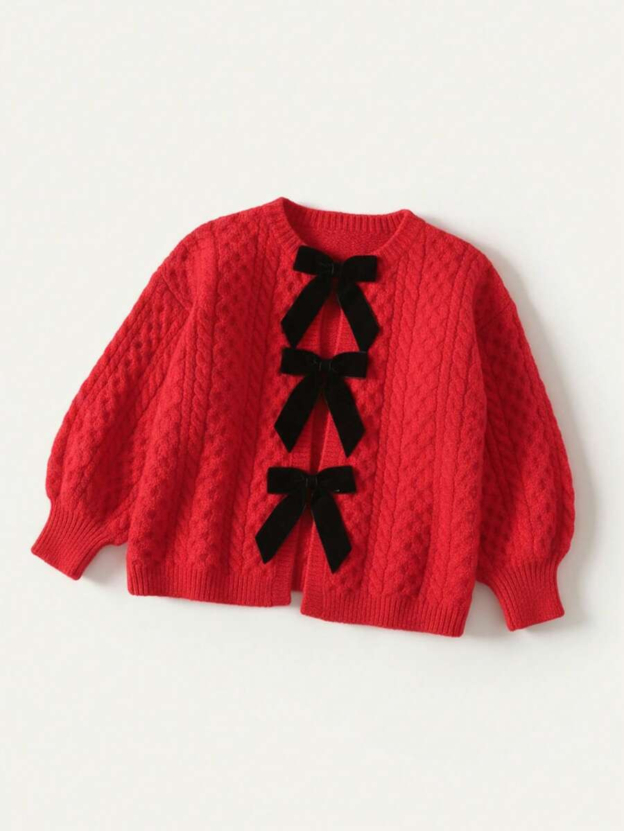 Maija Kids Young Girl Bow Decor Long Sleeve Cute Knitted Cardigan, Autumn/Winter | SHEIN