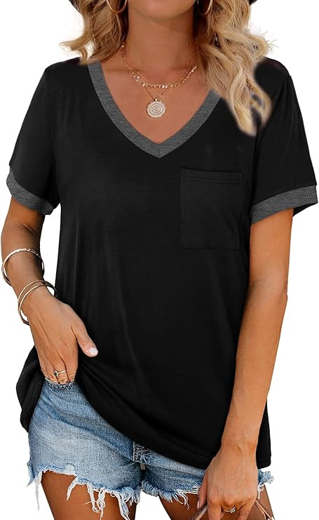 Geifa Womens T Shirts Short Sleeve V Neck Loose Casual Summer Tops with Pocket | Amazon (US)