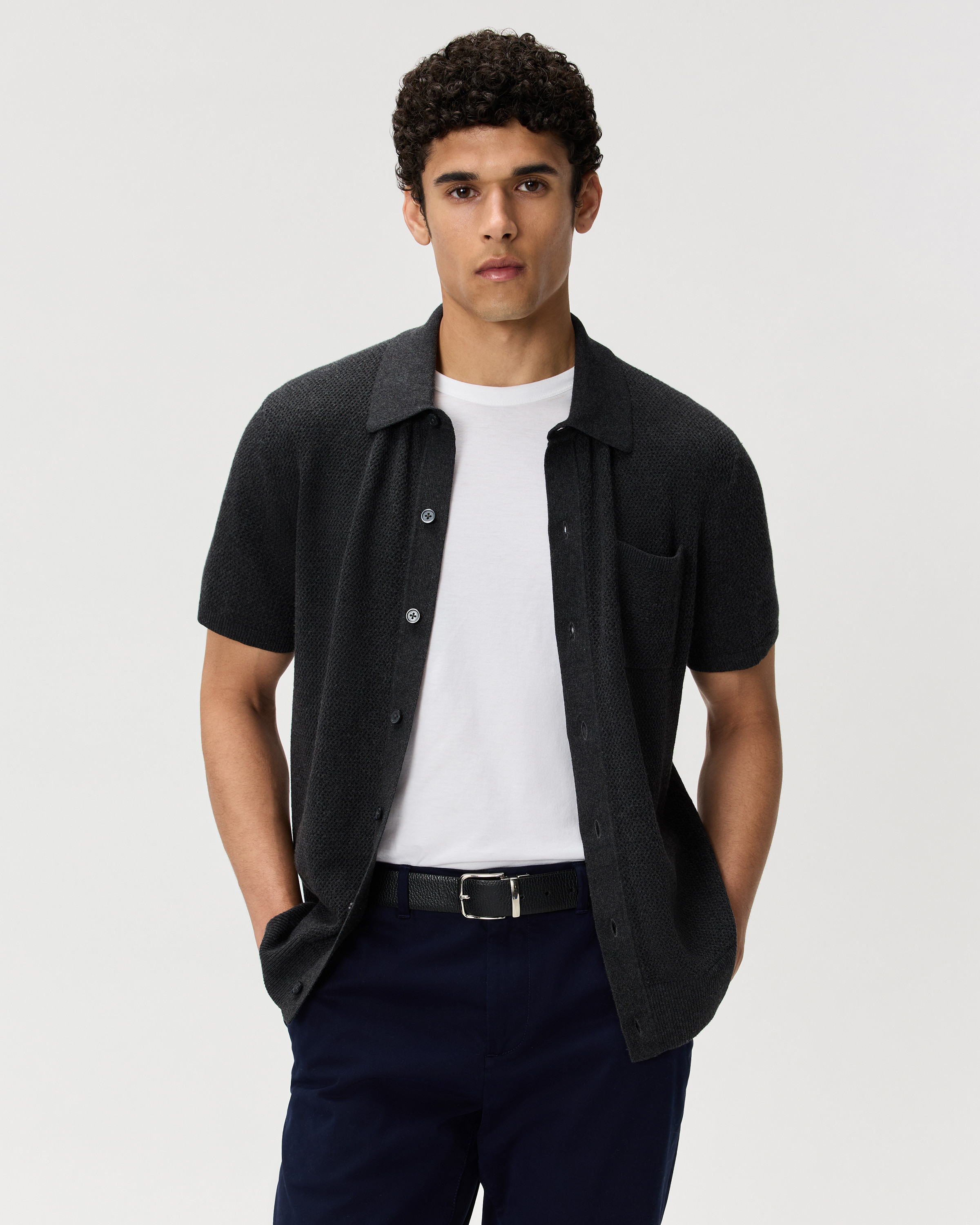 Quince | Men's Mesh-Stitch Button-Up Sweater Polo in Charcoal, Size Medium, Organic Cotton | Quince