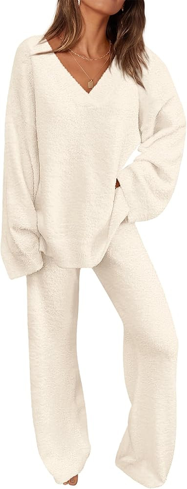 PRETTYGARDEN Women's 2 Piece Pullover Sweater Set Oversized V Neck Top Wide Leg Pants Fall Winter... | Amazon (US)