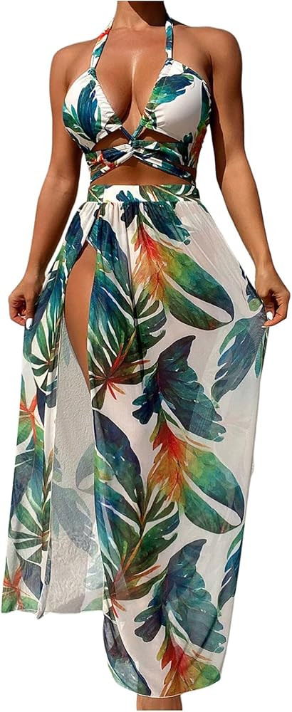 SweatyRocks Women's Crisscross Cutout Halter Bathing Suit with Swimsuit Cover Up Slit Skirt 3 Pie... | Amazon (US)