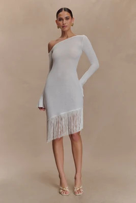 Kayden Fringe Off Shoulder Knit Mini Dress - Ivory | Meshki (APAC)