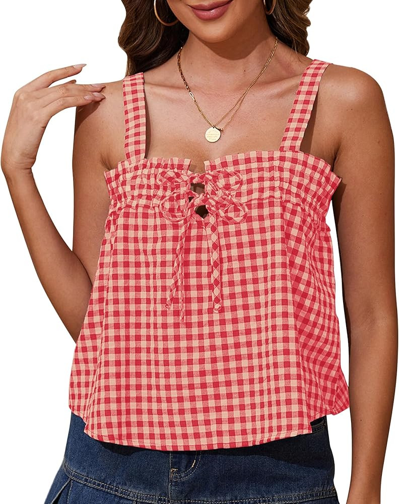 Cotton Gingham Tie Front Tank Tops for Women Girls Cute Plaid Tank Tops Casual Summer Going Out T... | Amazon (US)