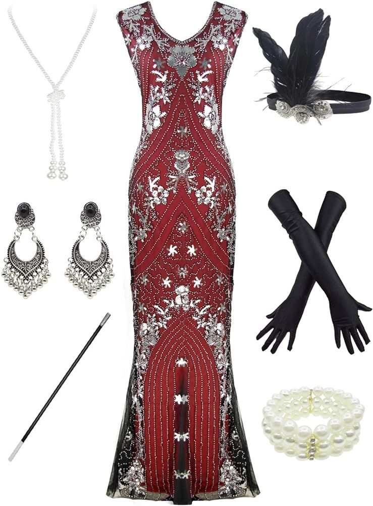 Women 1920S Gatsby Sequin Mermaid Formal Evening Dress with 20s Accessories Costume | Amazon (US)