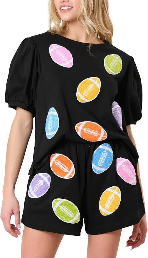 Women's Sequin Polo Set, Short Sleeve Top and Shorts, White with Pink and Green Trim | Amazon (US)