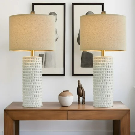 Oneach Ceramic Table Lamps Set of 2 for Living Room Bedroom Study 24.5" Modern White Bedside Nightstand Lamp | Walmart (US)