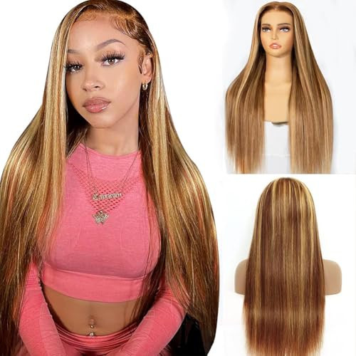 Mysyty 28Inch Highlight Straight Wigs Human Hair Highlight 4/27 Straight 13x4 HD Lace Front Wig Pre Plucked With Baby Hair 4/27 Honey Blonde Ombre Wig For Women Glueless Wig Human Hair 180% Density | Amazon (US)