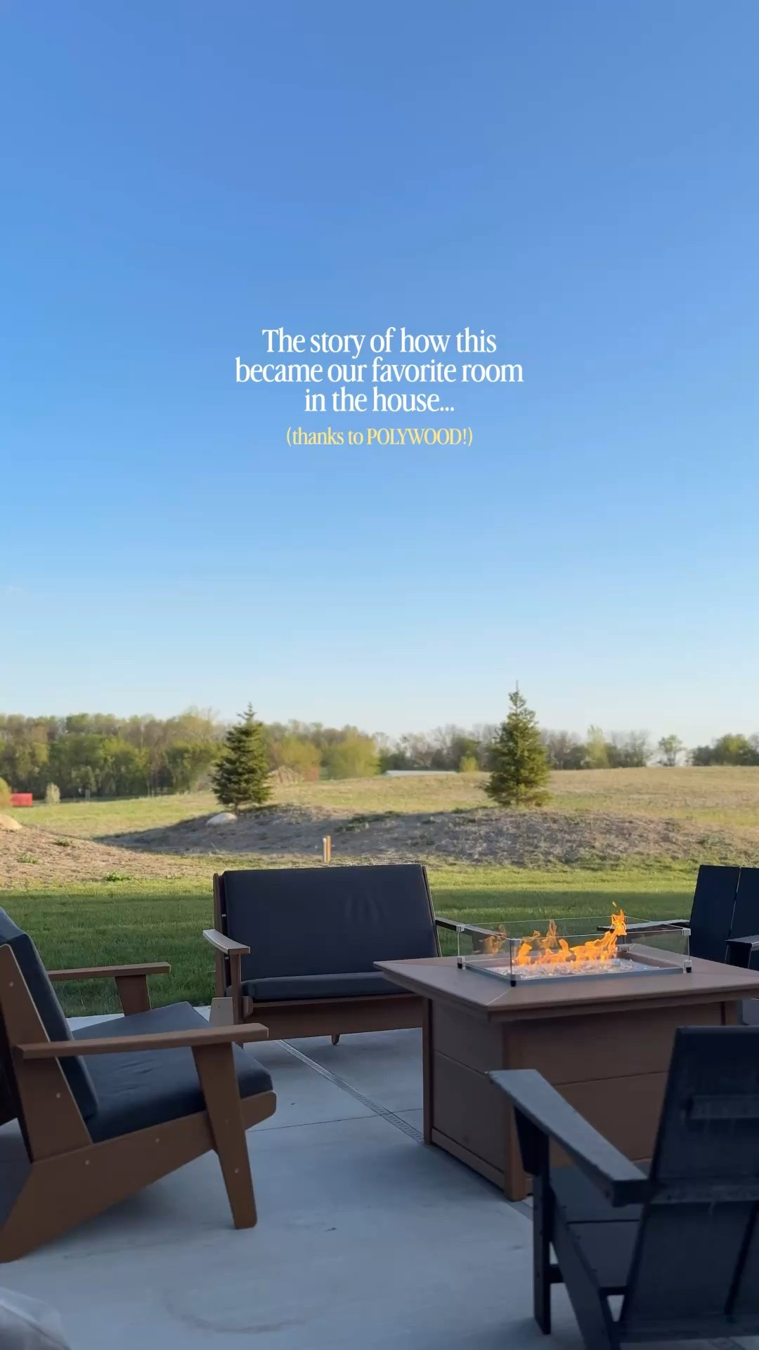 #ad We added the POLYWOOD Riviera lounge sofas in teak with dark charcoal weather proof cushions + the smokeless fireplace (so you can hang out longer without the smoky smell!) #gifted