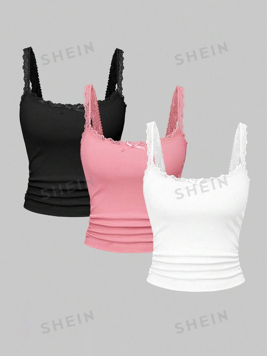 SHEIN EZwear Lace Splicing Women Camisole Top With Shoulder Straps | SHEIN