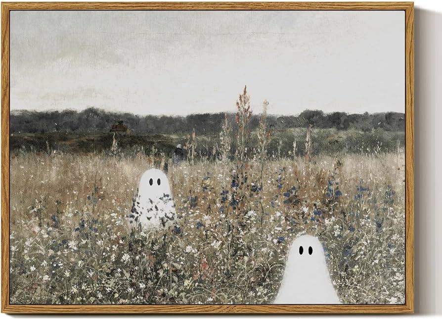 InSimSea Framed Canvas Prints Art Ghost Decor, Vintage Halloween Meadow with Flowers Painting, Sp... | Amazon (US)
