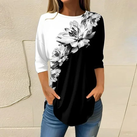 Black Shirts for Plus Size Women  Polyester Plus Size Woman Shirts  3/4 Sleeve Plus Size Womens T Shirts  Plus Size Women S Tops  Floral Weekend Printed Plus Size Blouses | Walmart (US)