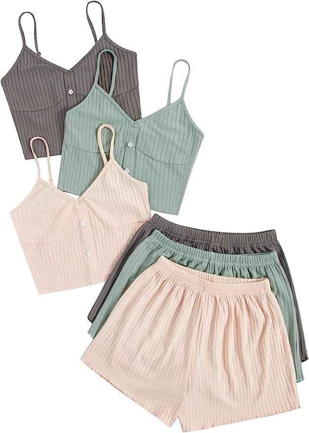 SheIn Women's 6 Piece Pajama Set V Neck Cami Crop Top Elastic Waist Shorts Lounge Set Outfits | Amazon (US)