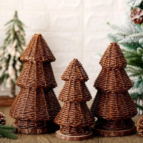 3 Pcs Morden Christmas Decor Woven Christmas Cone Tree Neutral Rattan Xmas Tabletop Centerpiece O... | Amazon (US)