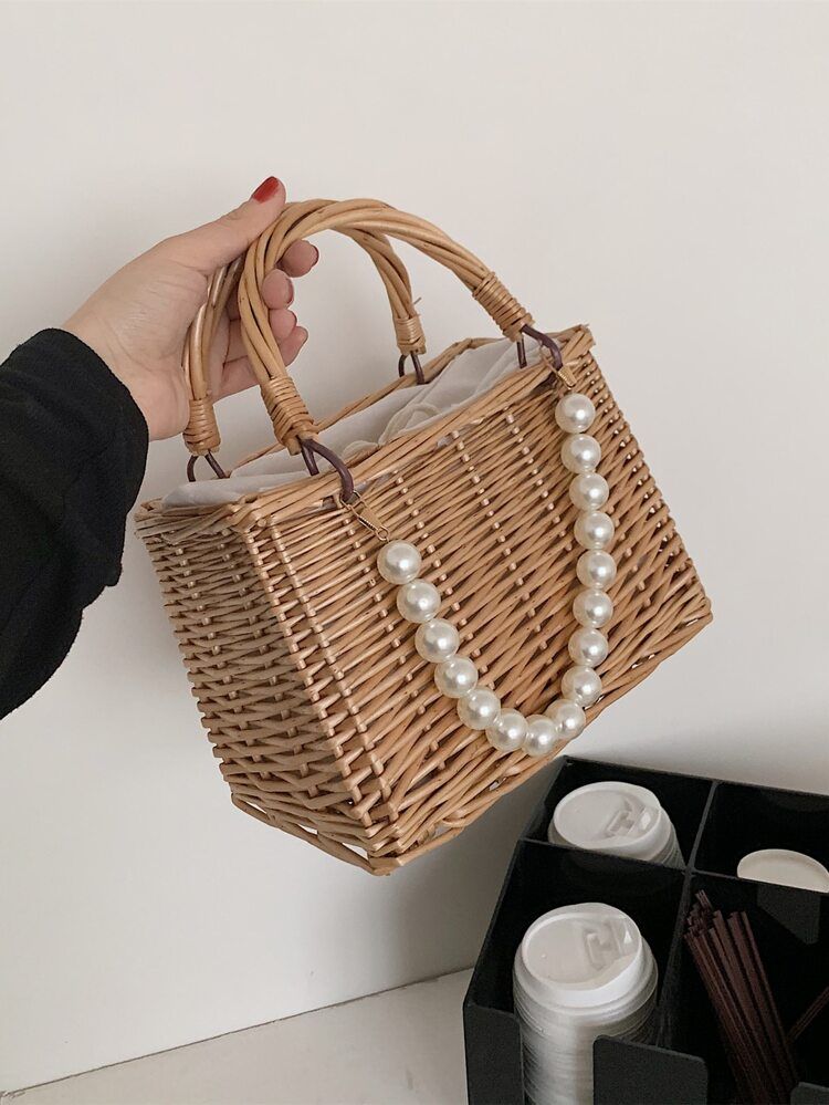Minimalist Faux Pearl Decor Straw Bag | SHEIN