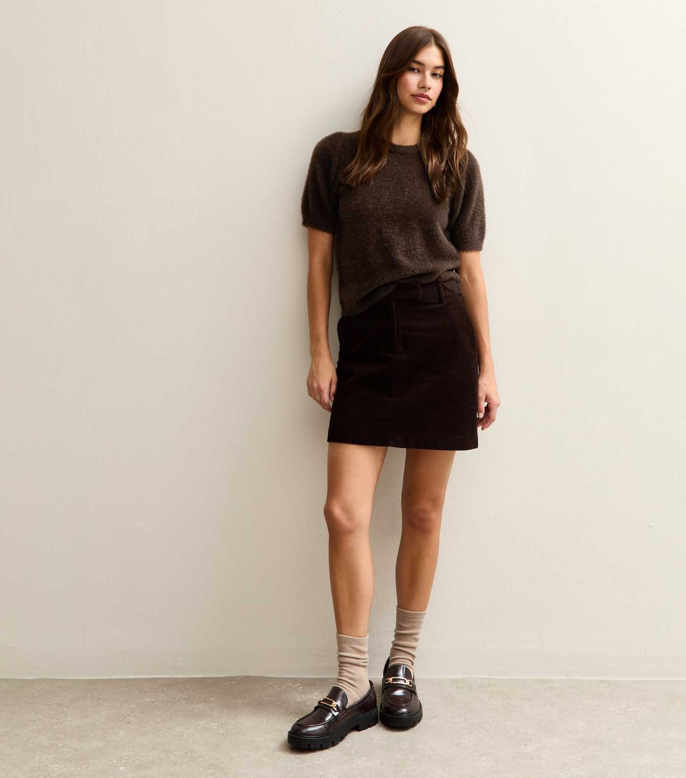 Dark Brown Fluffy Knit Puff Sleeve T-Shirt | New Look | New Look (UK)