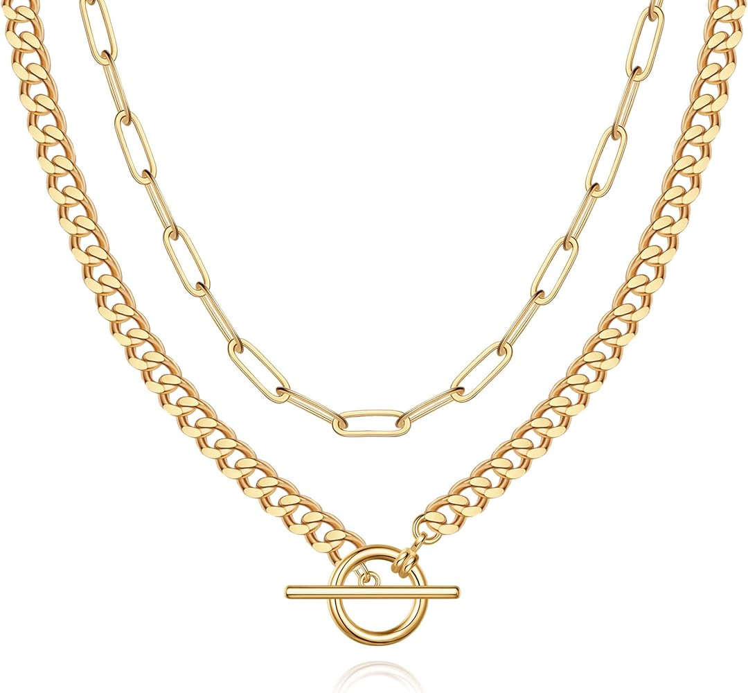 MJartoria Layered Gold Necklace for Women, 14K Gold Plated Trendy Dainty Chain Necklace Adjustabl... | Amazon (US)