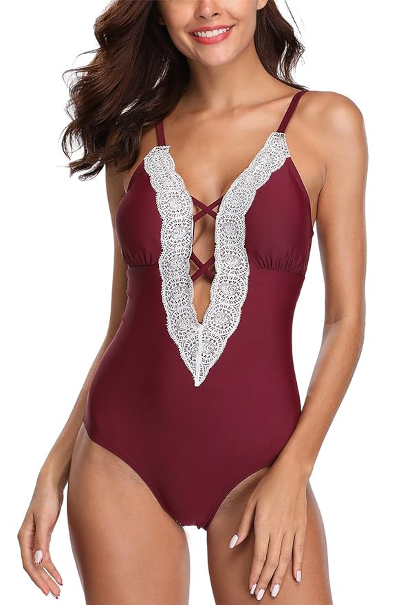 ALove Women Deep Plunge One Piece Swimsuit Mesh Polka Dot Monokini Bathing Suits | Amazon (US)