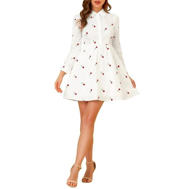 Allegra K Women's Embroidered Floral Long Sleeve Button Mini Shirt Dress | Walmart (US)