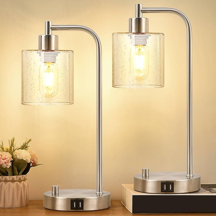 【Upgraded】Set of 2 Industrial Table Lamps with 2 USB Port, Fully Stepless Dimmable Lamps for ... | Amazon (US)