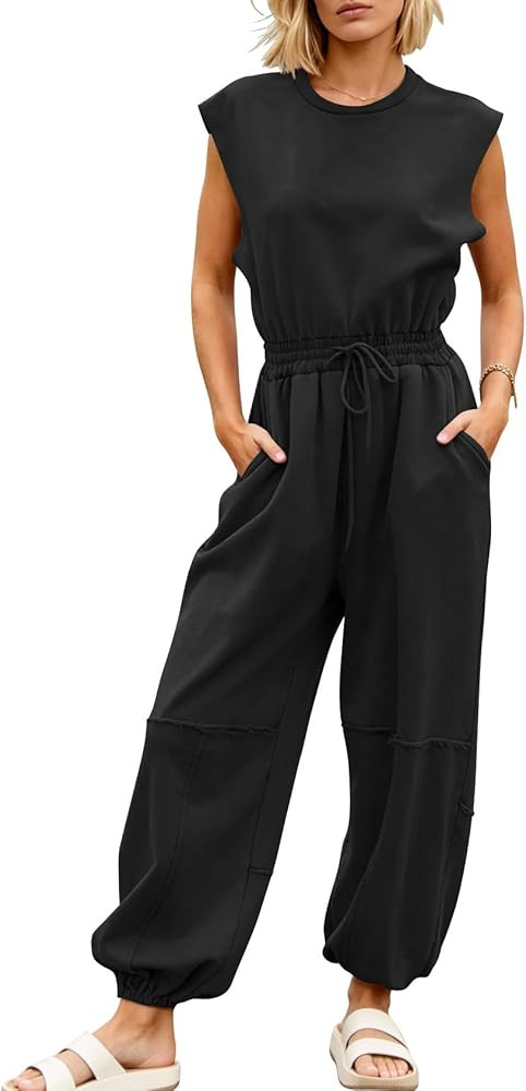 Kissonic Jumpsuits for Women Casual Crewneck Cap Sleeve Drawstring Romper One Piece Outfits with ... | Amazon (US)