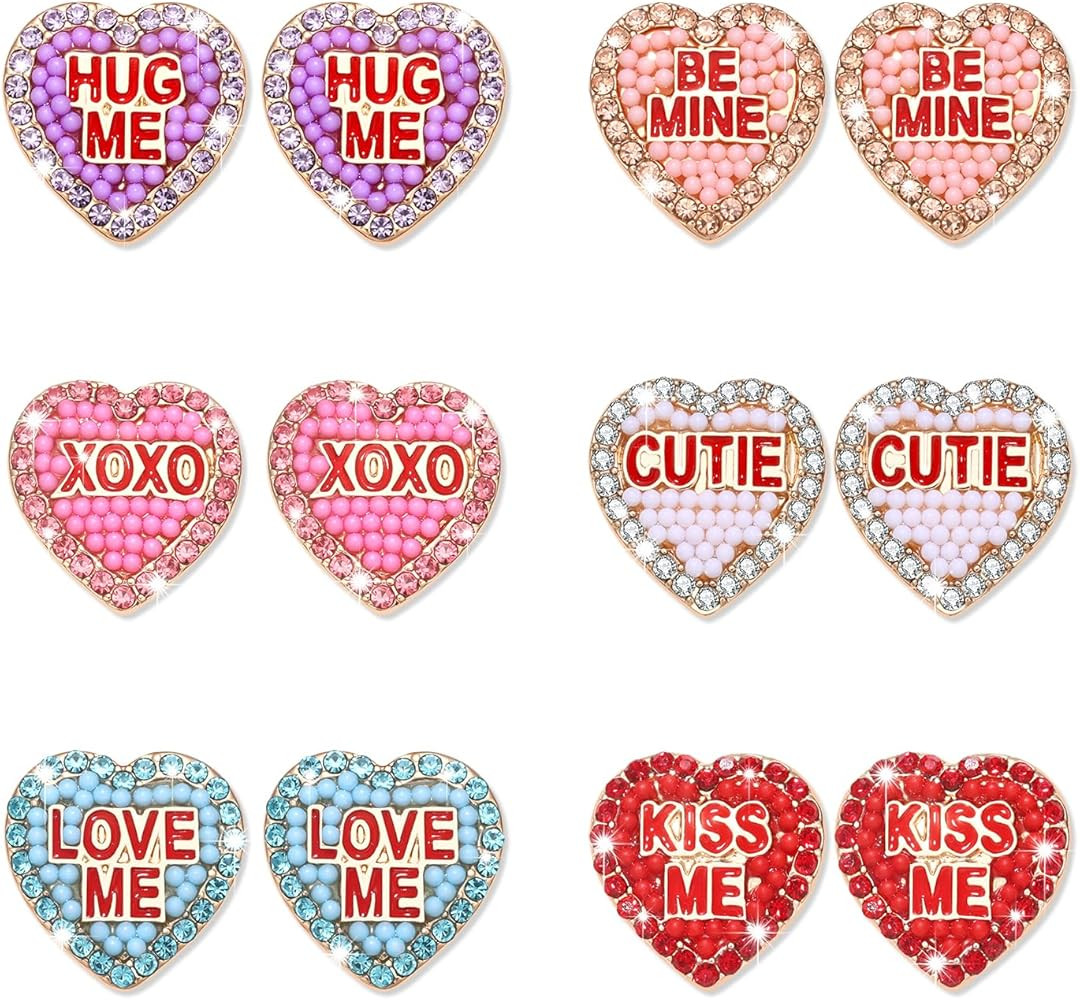 Vogueknock Valentine's DayEarrings for Women Beaded XOXO BE MINE CUTIE Heart Stud Earrings Rhines... | Amazon (US)