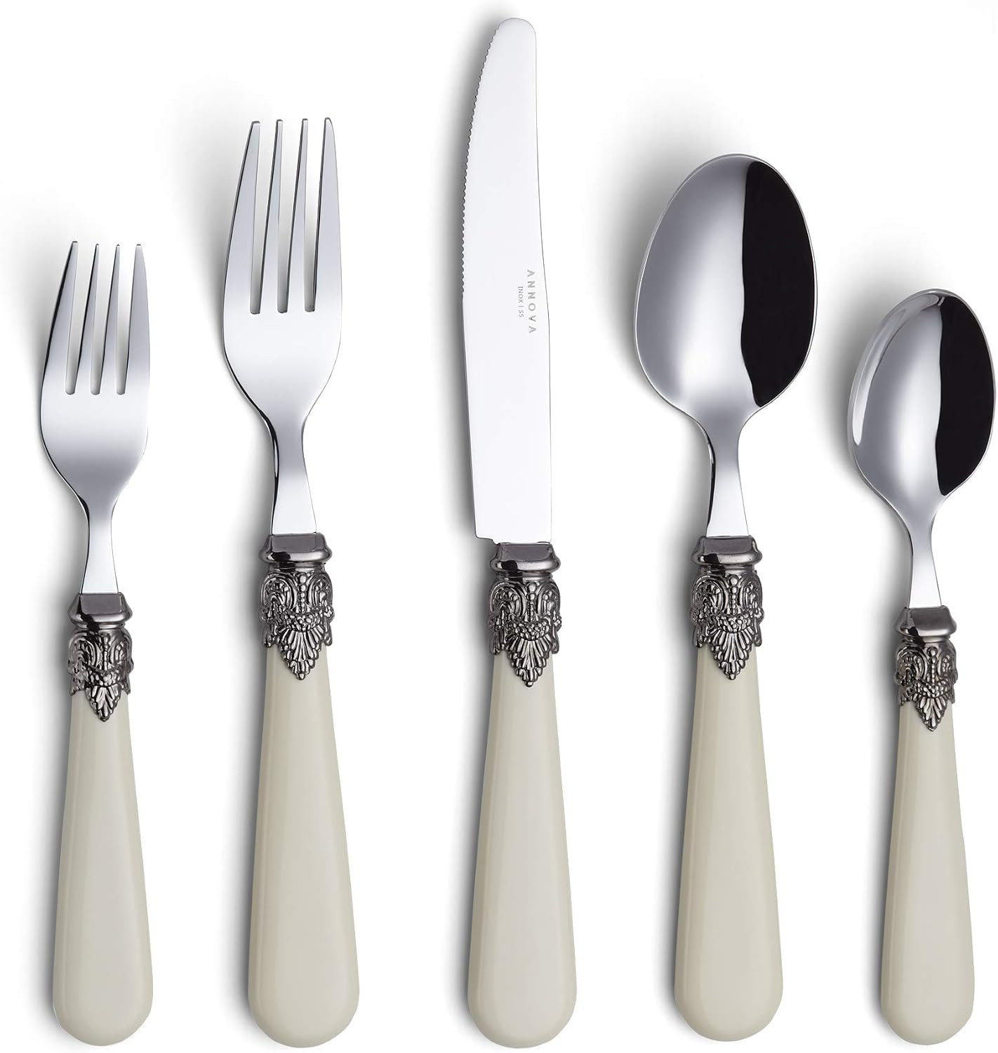 ANNOVA Flatware 20 Pieces Set/Stainless Steel Vintage Silverware/Cutlery, Dinner Knife/Dinner Fork/Salad Fork/Dinner Spoon/Dessert Spoon, Mirror Polished, Service for 4 - Ivory/Cream | Amazon (US)