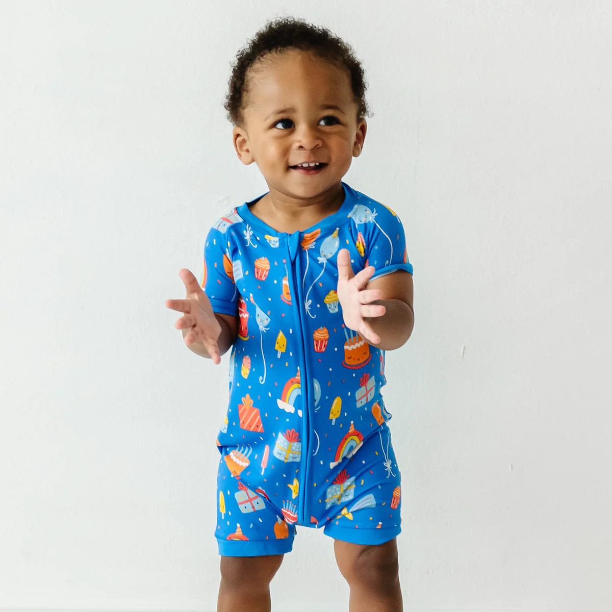 Blue Birthday Wishes Bamboo Viscose Shorty Romper | Little Sleepies