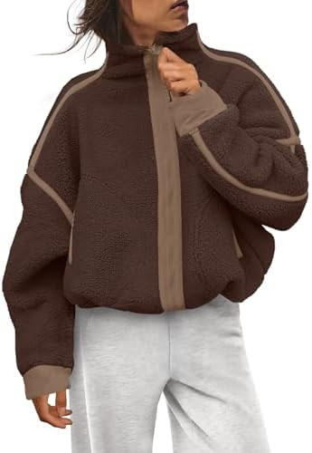 LAMISSCHE Zip up Fleece Jacket Women Oversized Mock Neck Sherpa Sweatshirt Striped Long Sleeve Pu... | Amazon (US)
