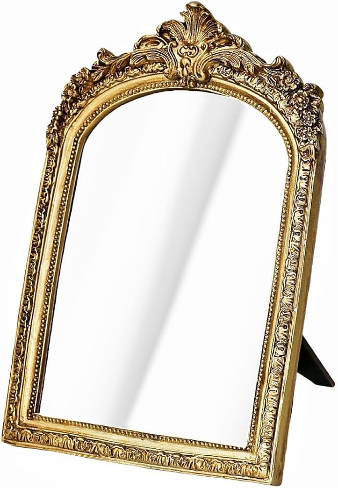 Vintage Vanity Desk Makeup Mirror,Small Antique Gold Decorative Wall Mirror,Resin Carved Arch Tab... | Amazon (US)