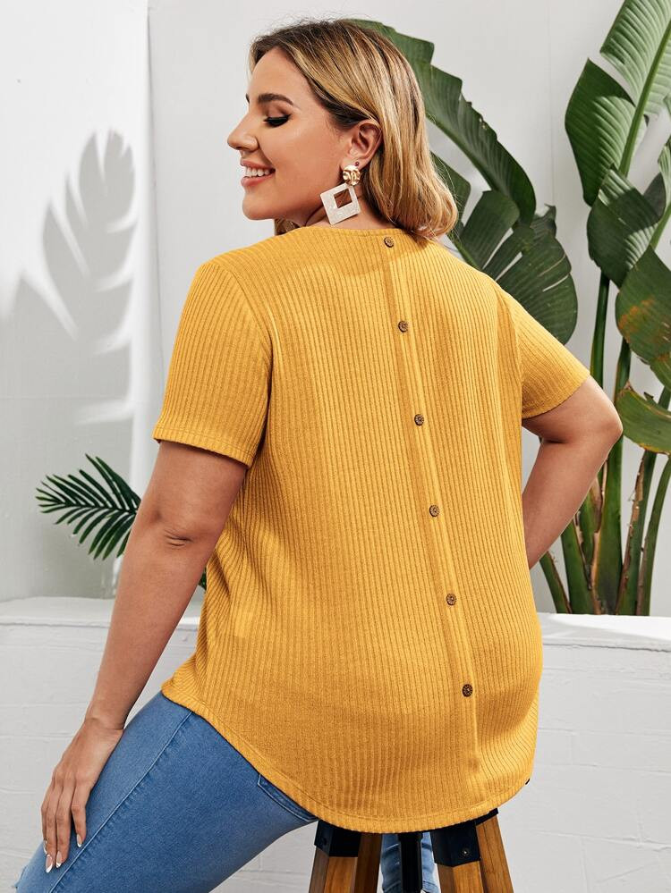 SHEIN Plus Button Back Rib-knit Tee | SHEIN