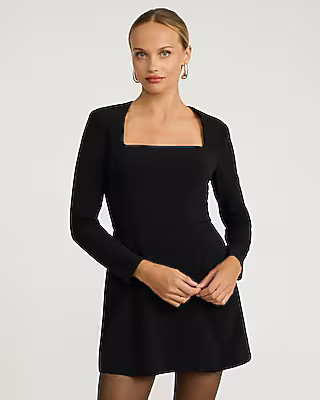 Square Neck Long Sleeve Fit and Flare Mini Dress with Pockets | Express