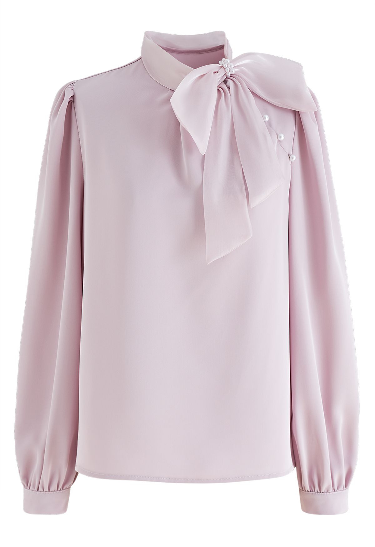 Organza Bowknot Pearl Satin Shirt in Pink | Chicwish