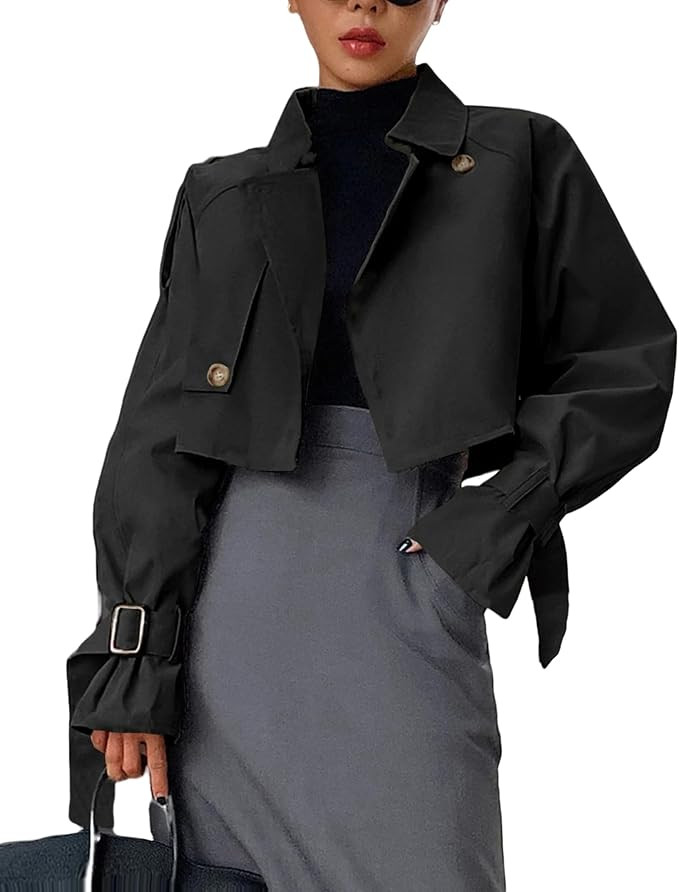 Kedera Women's Cropped Trench Coat Long Sleeve Casual Jacket Classic Double-Breasted Lapel Overco... | Amazon (US)