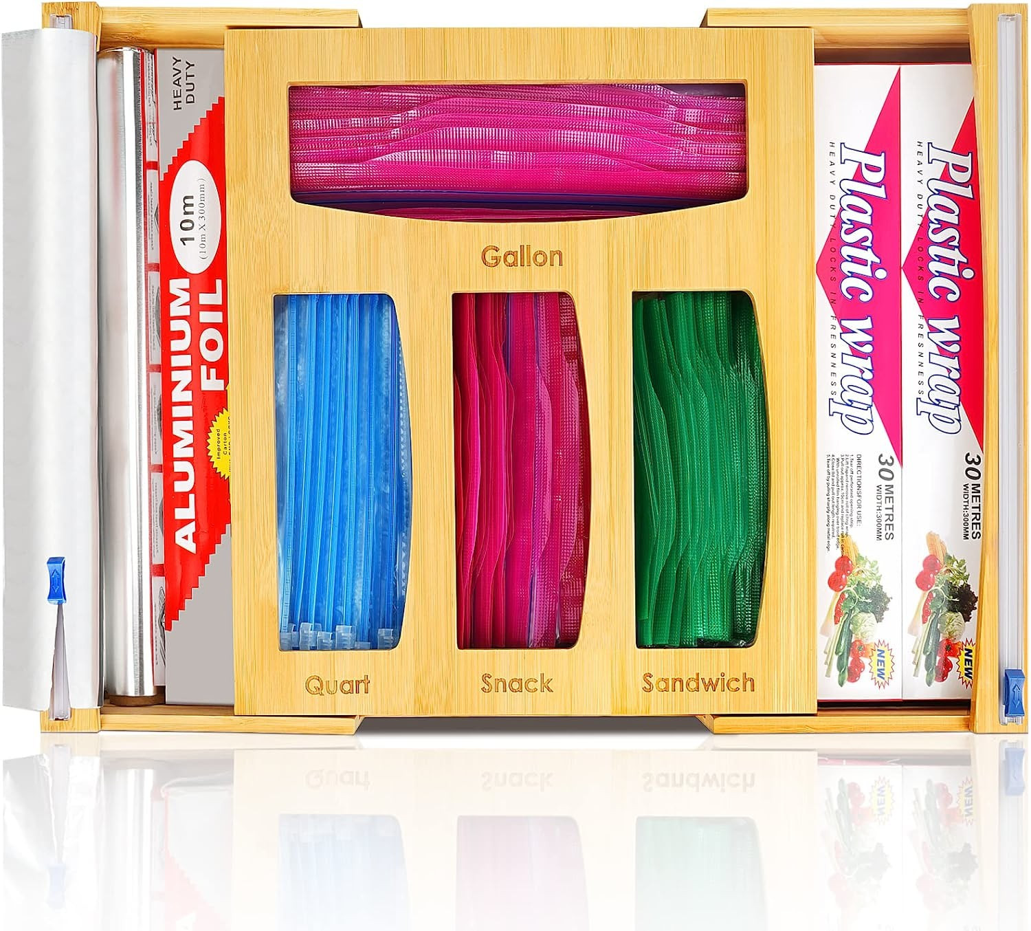 Kitchen Drawer Organizer, Expandable Ziplock Bag Storage Baggie Holder, Plastic Wrap Dispenser wi... | Amazon (US)