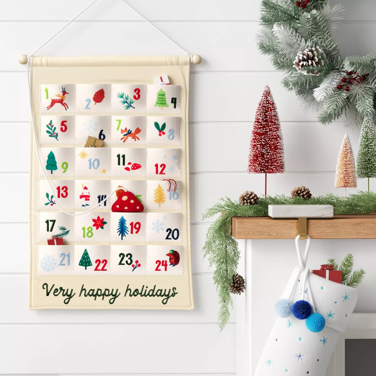 19.75" Fabric 'Very Happy Holidays' Hanging Christmas Advent Calendar with Mushroom Counter Ivory... | Target